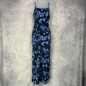 Vtg 90s y2k Maxi Slip Dress Blue Floral Lace Up Back Women's Sz 5/6 Romantic